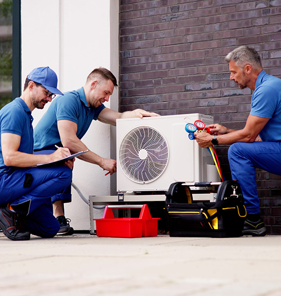 HVAC technicians servicing an outdoor AC unit with tools and equipment